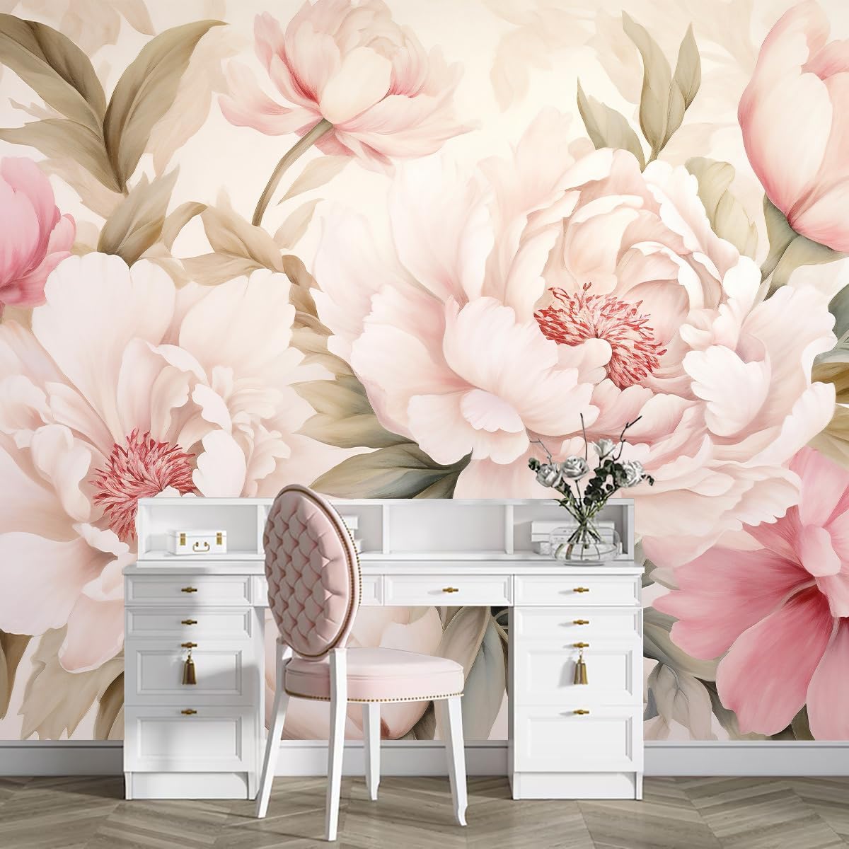Home Bathroom Vanity - Elegante Mural Floral de Peonías, Papel